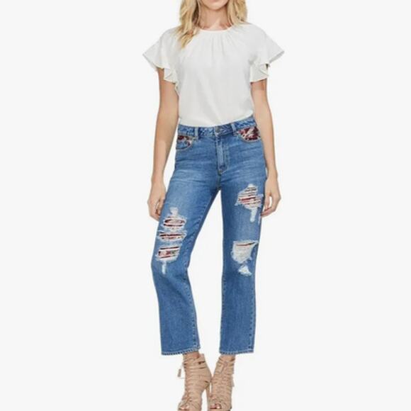 Vince Camuto Distressed Tapestry High Rise Straight Leg Crop Jeans Size 31 - Picture 1 of 12